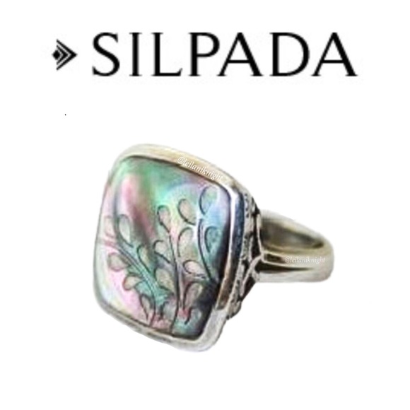 Silpada Retired Sterling Silver Etched Black Lip Shell Fern Leaf Ring - Picture 9 of 11